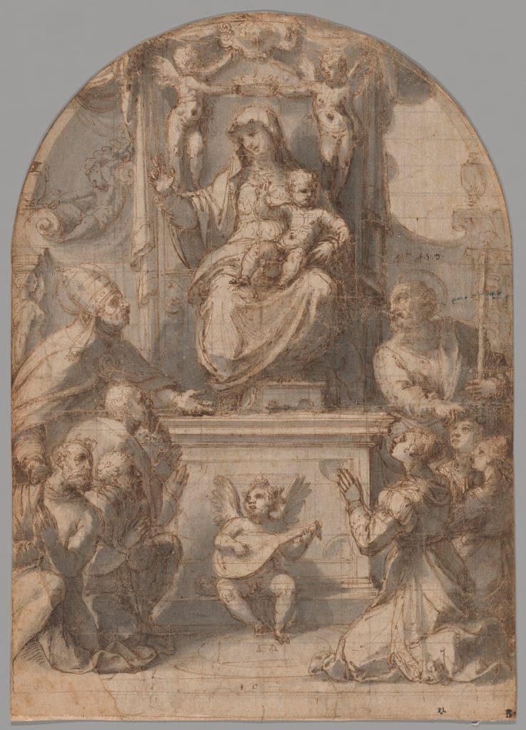 The Virgin Enthroned with Saints Gregory and James, and a Family of Donors by Perino del Vaga
Italian, 1501–1547 — fine art print