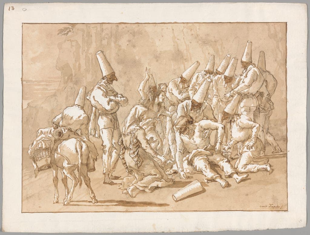 Punchinello Collapses on the Road, from the series Divertimento per li regazzi (Entertainment for Children) by Giovanni Domenico Tiepolo
Italian, 1727–1804 — fine art print