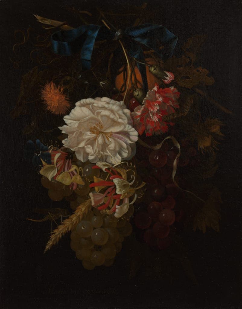 Bouquet of Flowers and Fruit with Blue Ribbon by Maria van Oosterwijck (Dutch, 1630–1693) — fine art print