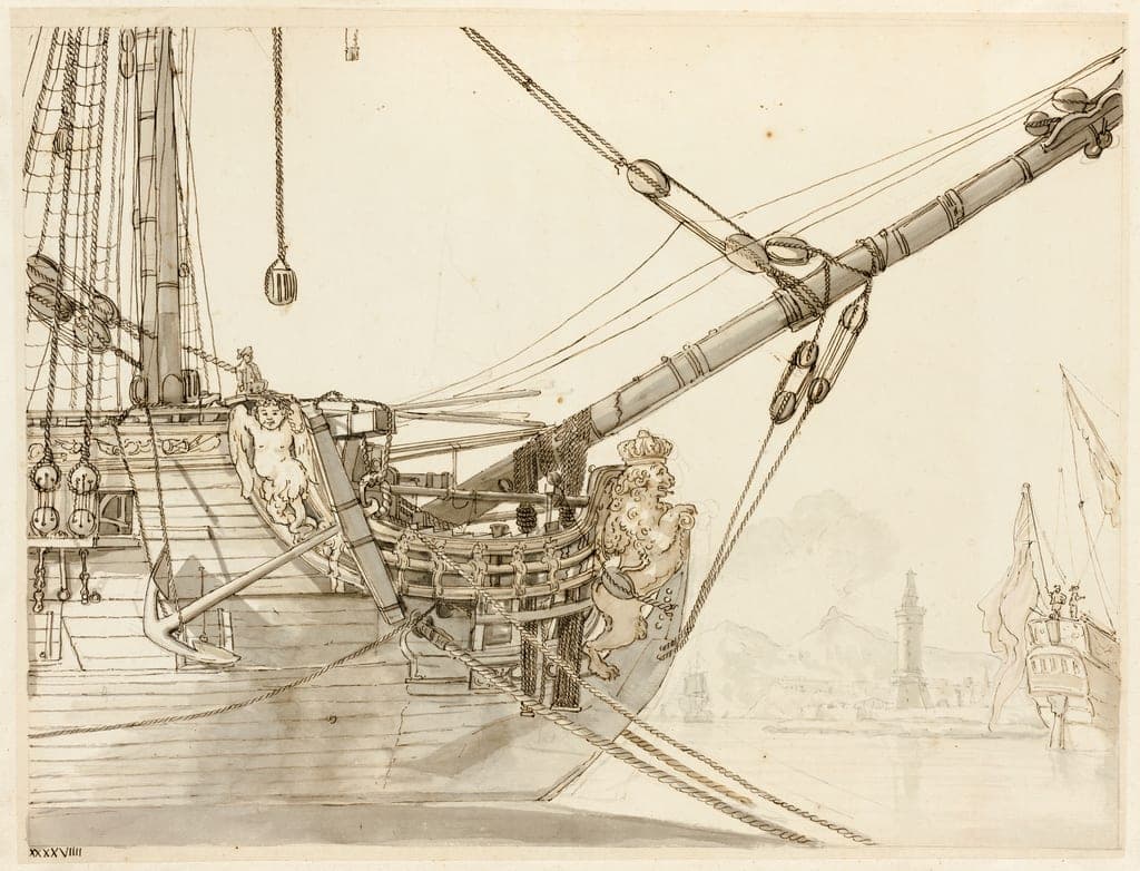 Study of a Warship's Prow with British Warships and Naples Harbor Beyond by Claude-Joseph Vernet
French, 1717-1789 — fine art print