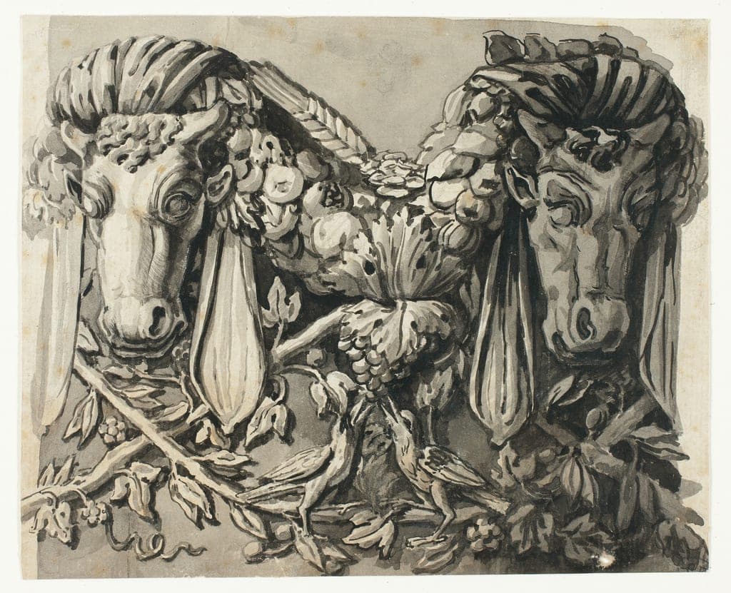 Ornament with Two Bull's Heads (recto); Sketch of Geometric Borders (verso) by Attributed to Jean Charles Delafosse (French, 1734-1789)
or the school of Perino del Vaga — fine art print