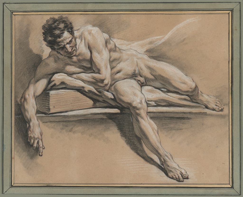 Academic Study of a Reclining Male Nude by François Boucher
French, 1703-1770 — fine art print