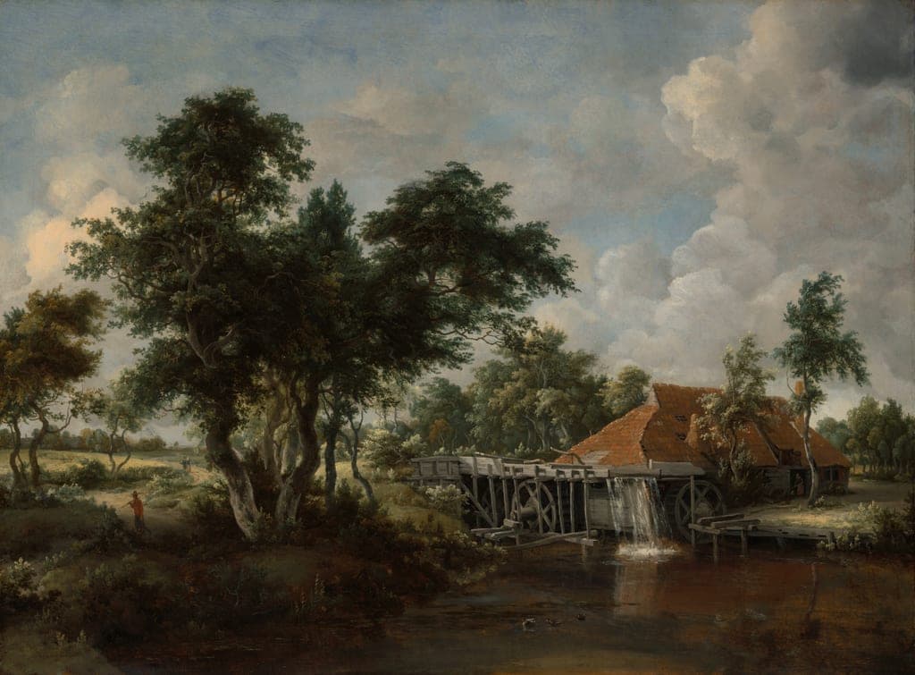 The Watermill with the Great Red Roof by Meindert Hobbema (Dutch, 1638–1709) — fine art print