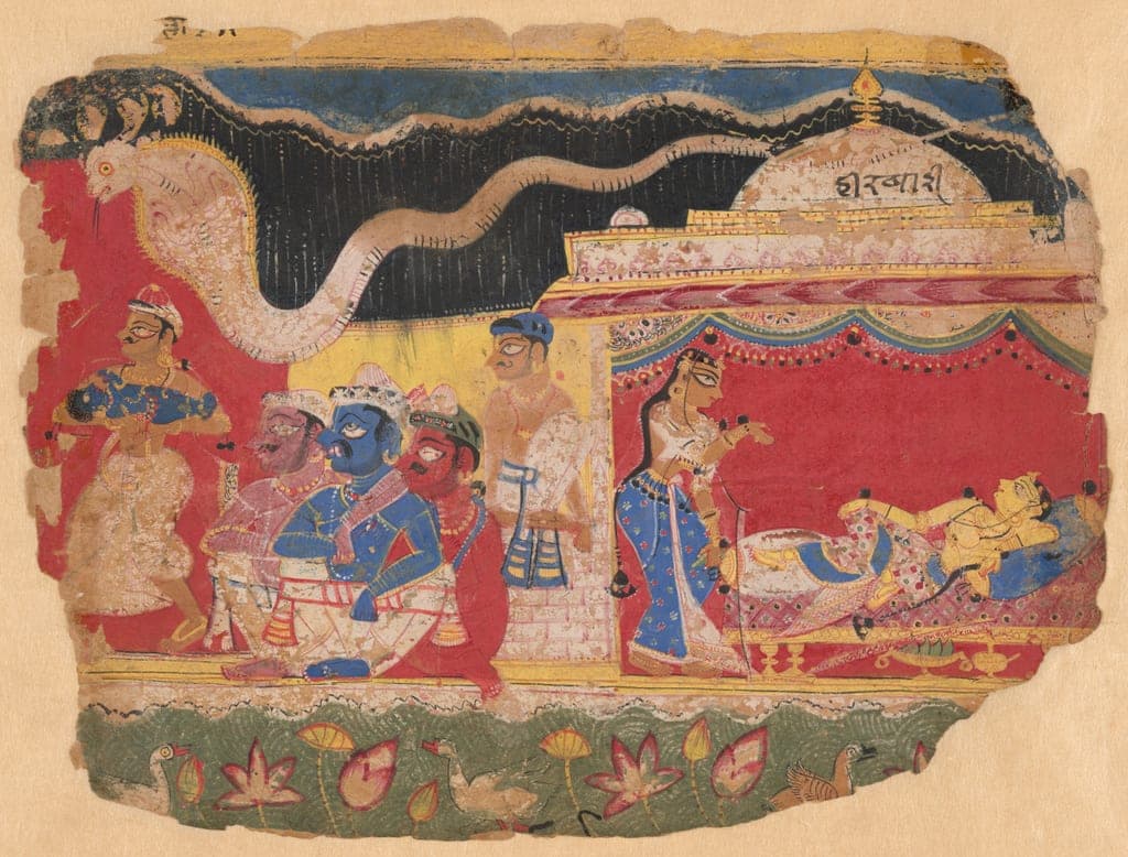 The Infant Krishna Spirited Away by Vasudev, from a copy of the Dispersed Bhagavat Purana by India
Delhi-Agra region, possibly Mathura — fine art print
