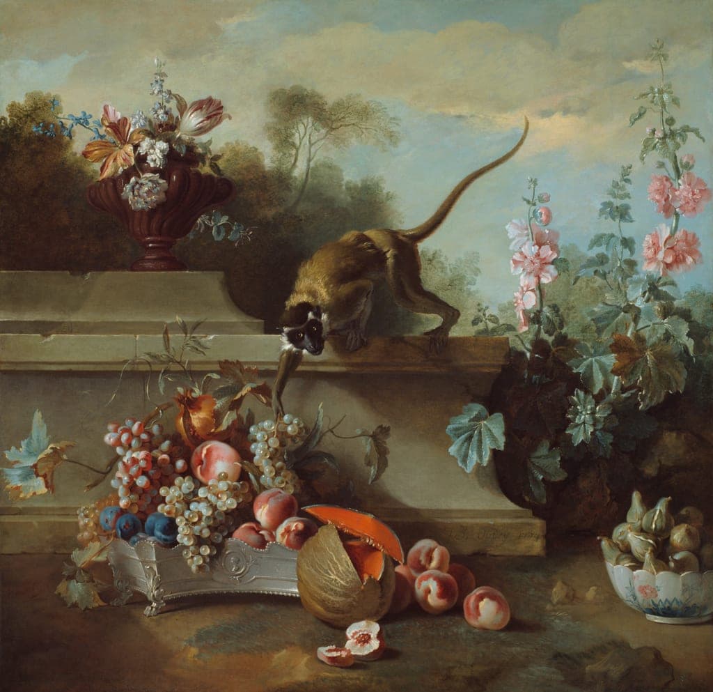 Still Life with Monkey, Fruits, and Flowers by Jean Baptiste Oudry (French, 1686–1755) — fine art print