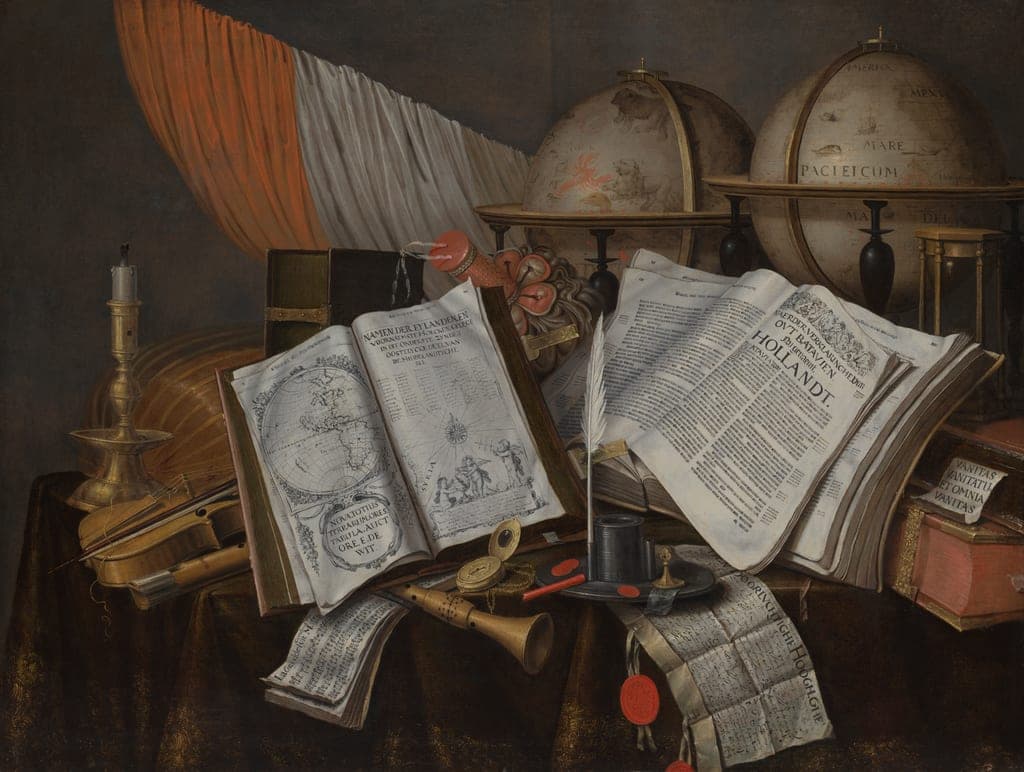 A Vanitas Still Life with a Flag, Candlestick, Musical Instruments, Books, Writing Paraphernalia, Globes, and Hourglass by Edwaert Collier (Dutch, 1642–1708) — fine art print