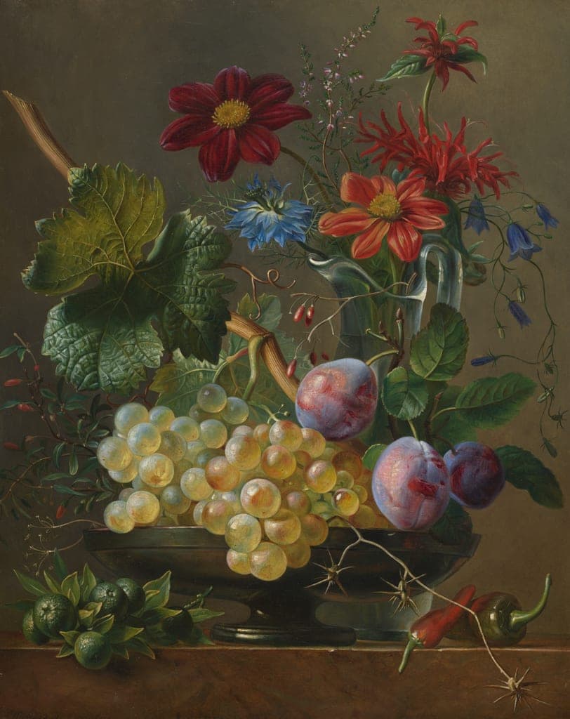 Still Life with Grapes and Flowers by Mélanie de Comoléra (French, 1789-1854) — fine art print