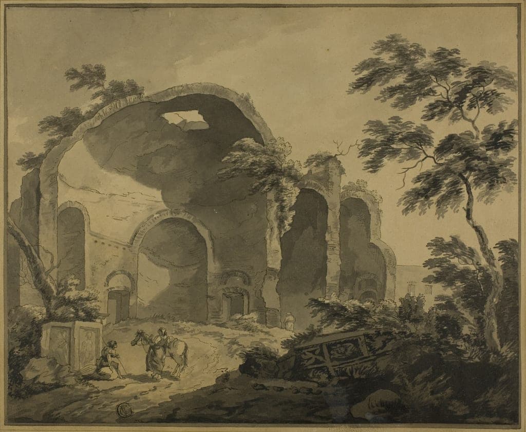 Roman Ruins with Two Peasants Conversing in the Foreground by Charles Louis Clérisseau (French, 1722-1820)
or Style of Jean Baptiste Pillement (French, 1719/28-1808) — fine art print