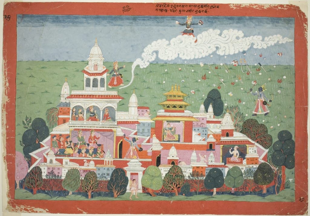 Pradyumna Enters the Palace of the Demon Sambar and Challenges him to Battle, page from a Dispersed Bhagavata Purana manuscript by Nepal — fine art print