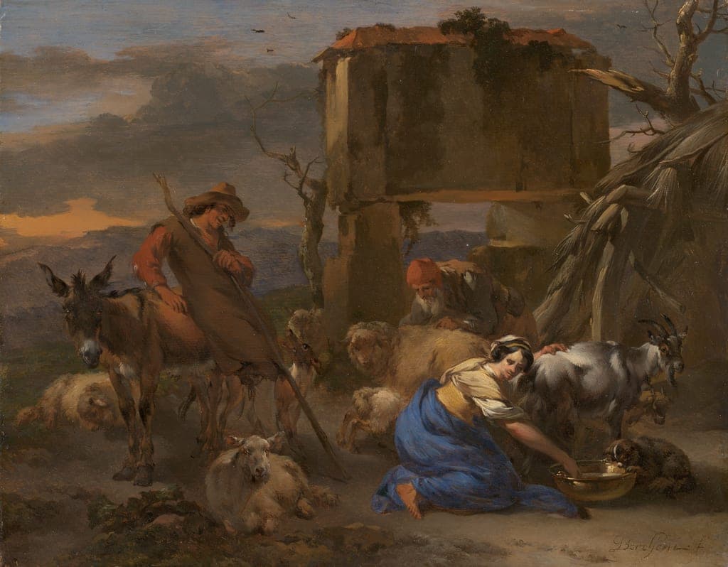 Pastoral Scene with a Shepherdess Milking a Goat by Nicolaes Pietersz. Berchem (Dutch, 1621/22-1683) — fine art print