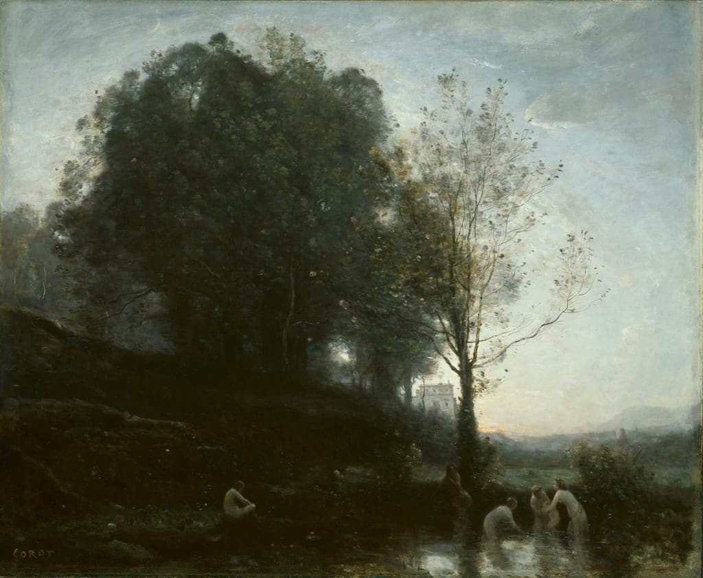 Bathing Nymphs and Child by Jean-Baptiste-Camille Corot (French, 1796–1875) — fine art print