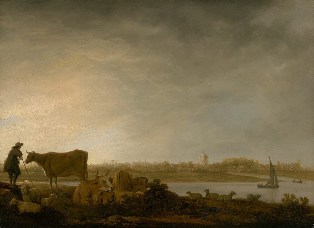 A View of Vianen with a Herdsman and Cattle by a River by Aelbert Cuyp (Dutch, 1621–1691) — fine art print