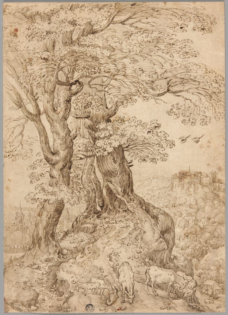 Wooded Landscape with Donkeys and Goats, and Castle on Hill in Distance by After Pieter Bruegel, the elder
Flemish, 1525/30-1569 — fine art print
