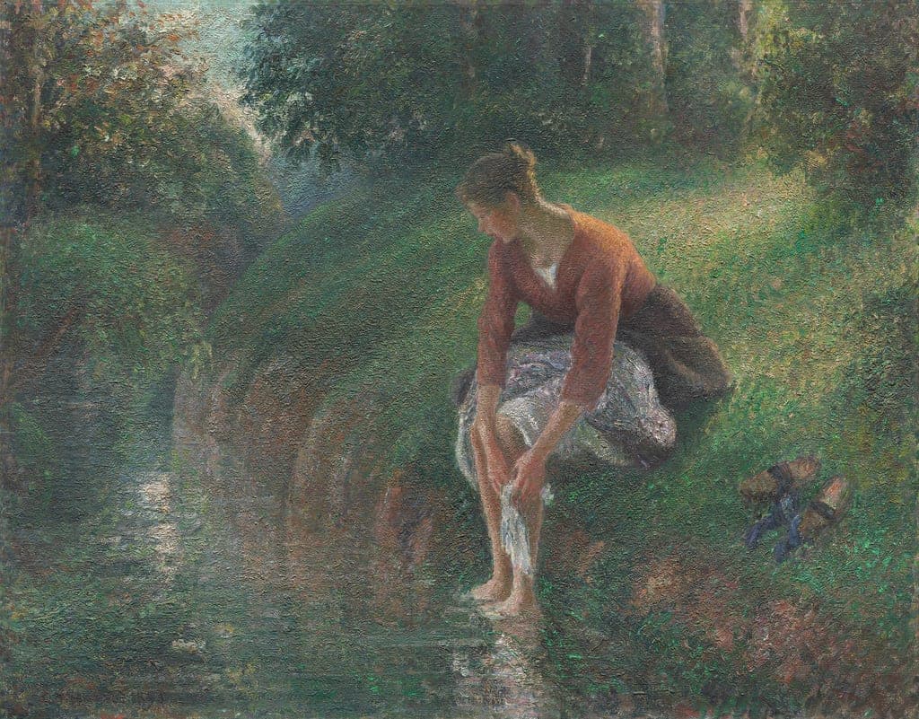 Woman Bathing Her Feet in a Brook by Camille Pissarro (French, 1830–1903) — fine art print