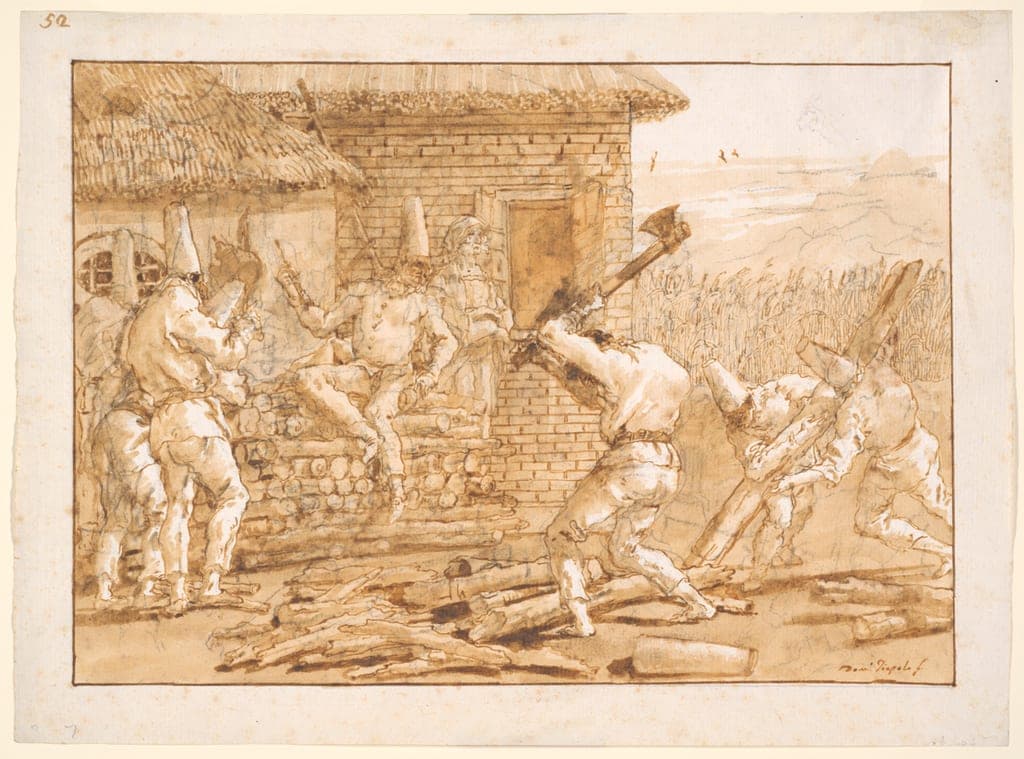 Punchinello Chopping Logs, from the series Divertimento per li regazzi (Entertainment for Children) by Giovanni Domenico Tiepolo
Italian, 1727-1804 — fine art print