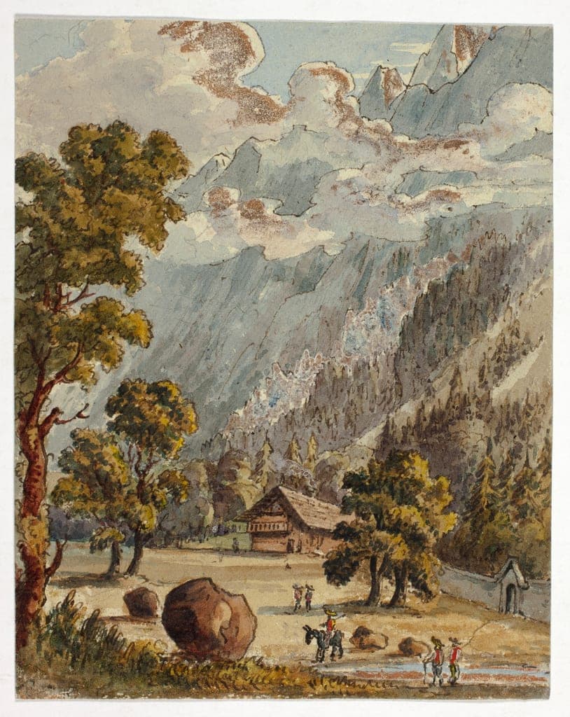 Chalet and Garden below Alps (recto); Village & Glacier du Boissons, Chamix (verso) by Unknown Artist
British or Swiss, 19th century — fine art print