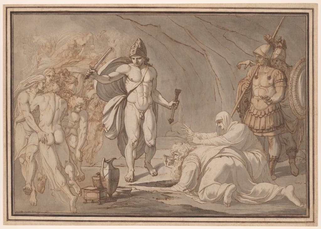 Odysseus, at the Doors of Hades, Meets the Shades of Tiresias and Anticlea by Johann Heinrich Lips
Swiss, 1758–1817 — fine art print