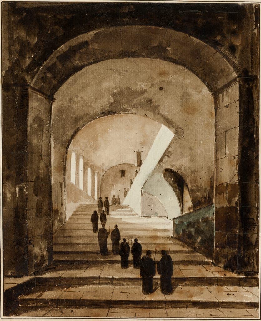 Monks on the Staircase of the Villa of Maecenas at Tivoli by François-Marius Granet
French, 1775-1849 — fine art print