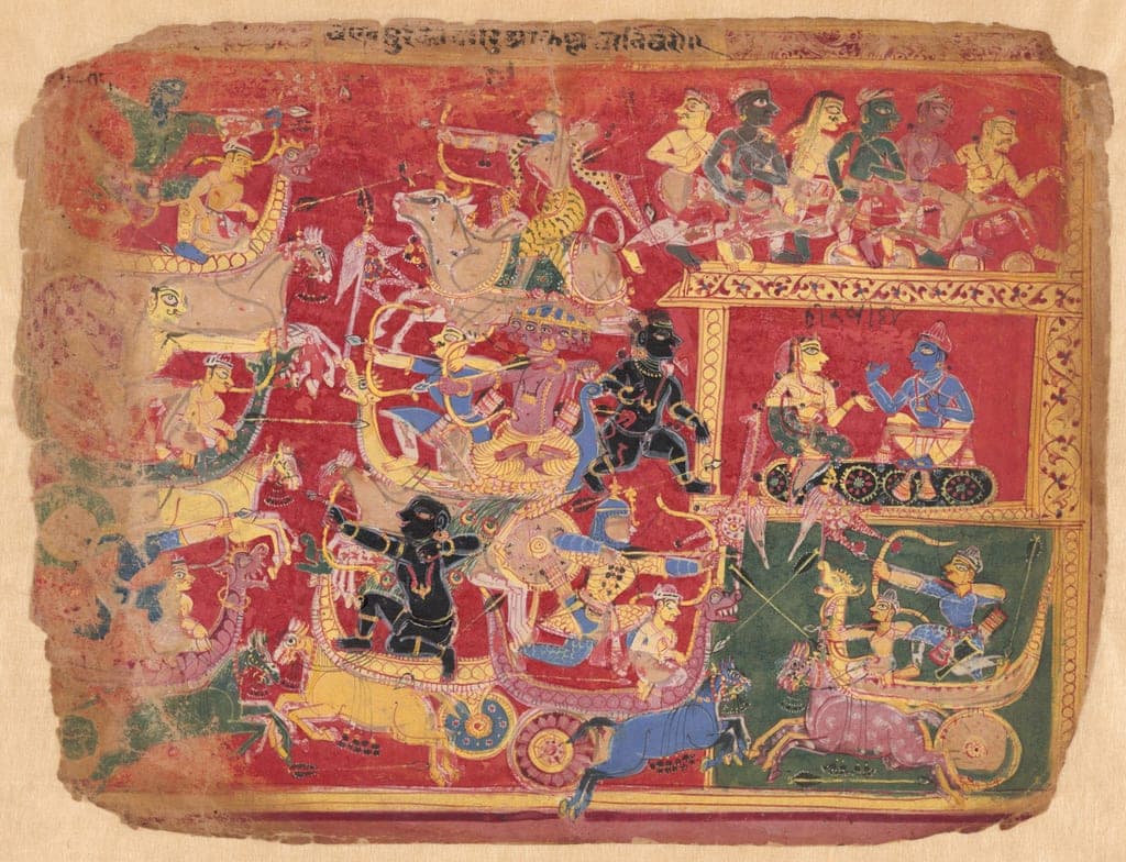 Battle of the Forces of Krishna and Bana, from a copy of the Dispersed Bhagavat Purana by India
Delhi-Agra region, possibly Mathura — fine art print