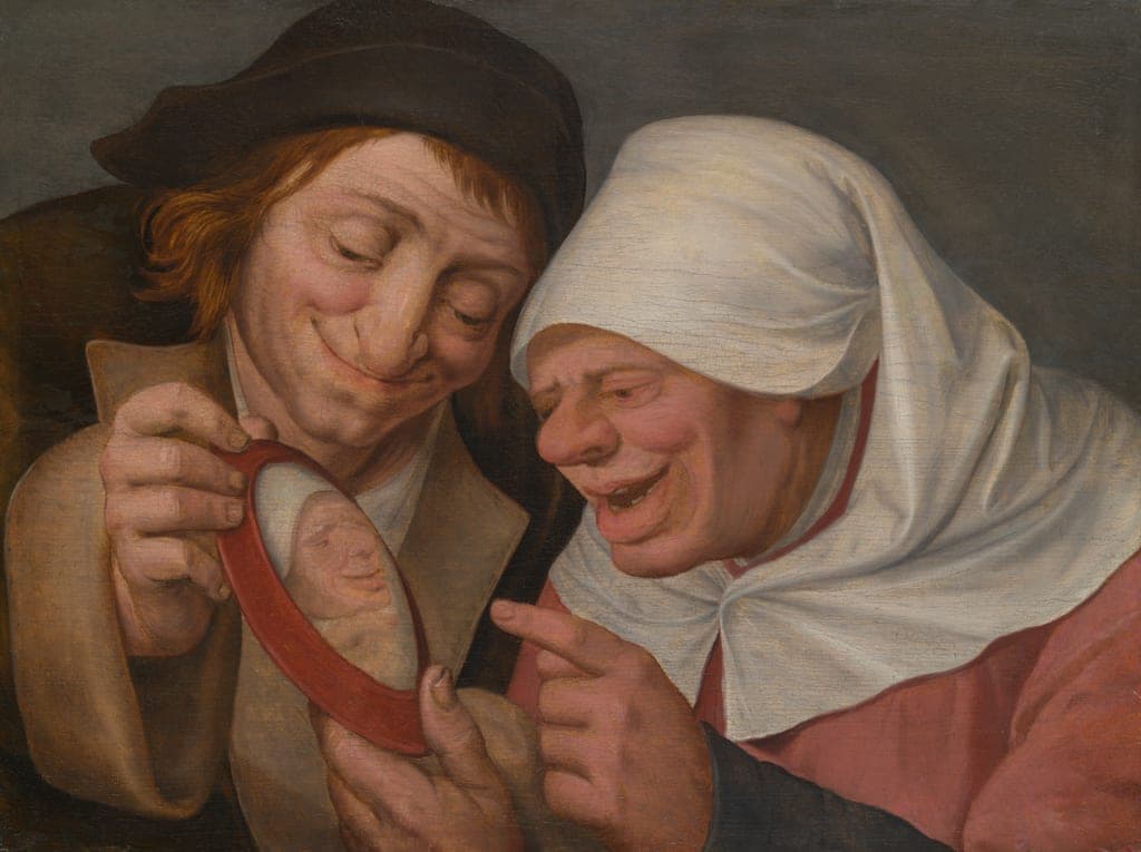 Two Peasants Looking at a Mirror by Follower of Jan Massys (Netherlandish, 1509–1575) — fine art print