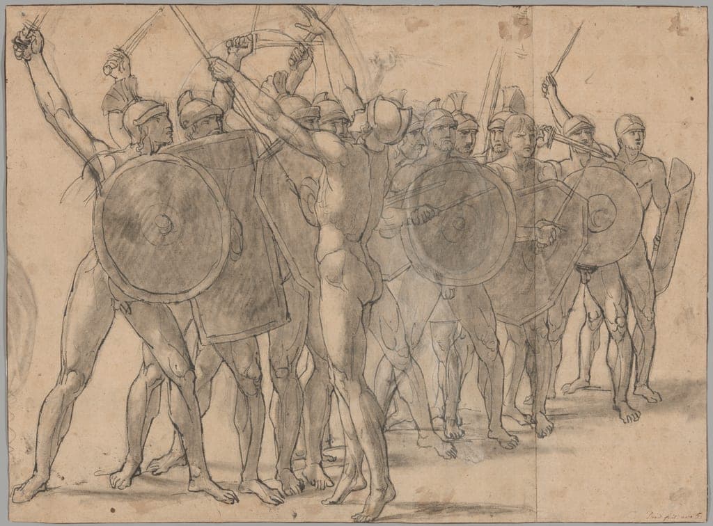 Nude Soldiers Gesticulating with Their Weapons (recto); Two Drapery Studies for the Figure of Tatius (verso) by Jacques-Louis David
French, 1748–1825 — fine art print