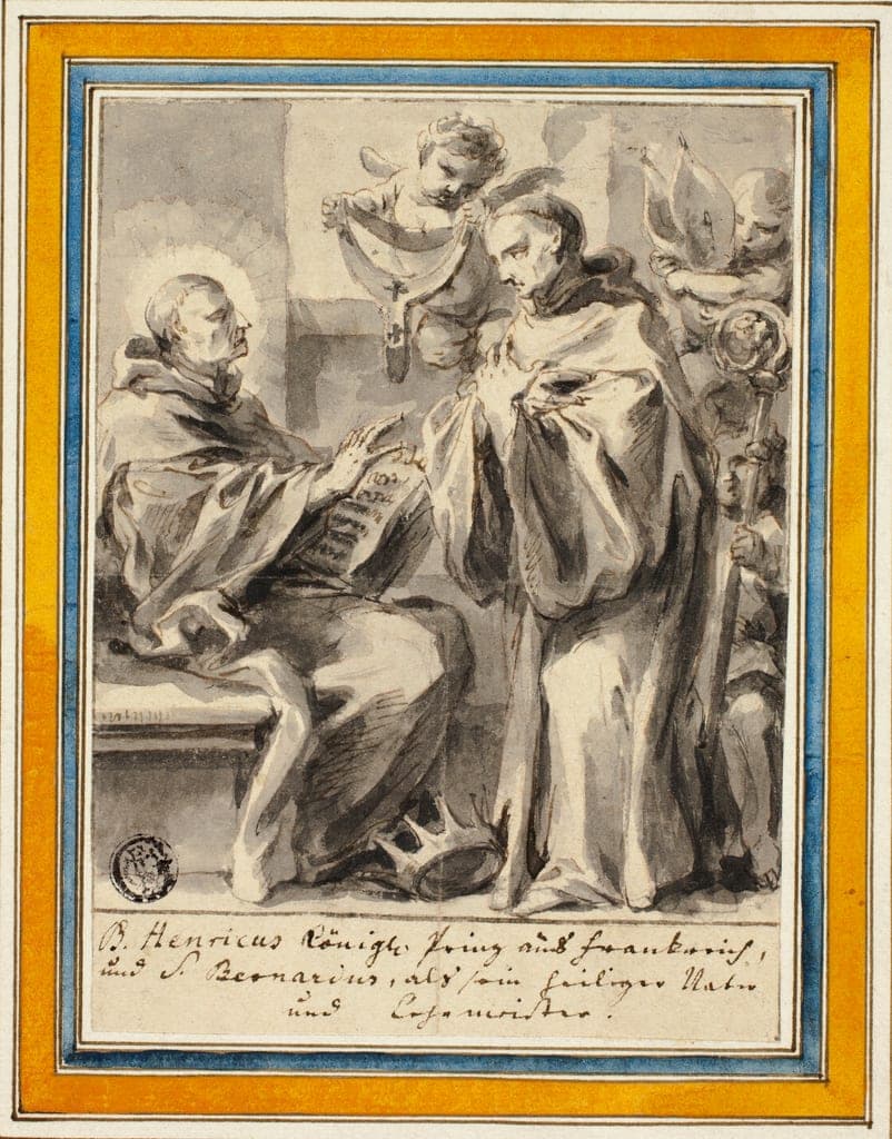 King Henry of France and Saint Bernard of Clairvaux by Possibly Johann Christoph Lischka (Bohemian, 1650-1712)
or Gottfried Bernhard Goetz (German, 1708-1774)
or Jonas Umbach the elder (German, 1624-1693) — fine art print