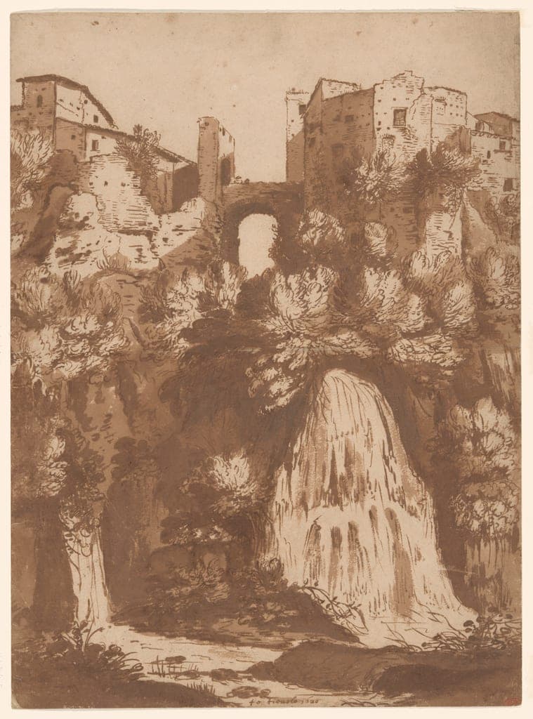View of Tivoli with the Bridge Over the Anio Waterfall by Cornelis van Poelenburgh
Dutch, 1594/95-1667 — fine art print