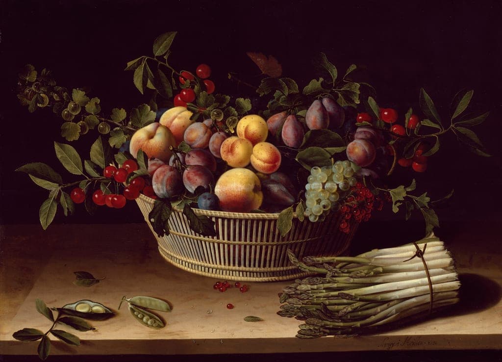 Still Life with a Basket of Fruit and a Bunch of Asparagus by Louise Moillon (French, 1610–1696) — fine art print
