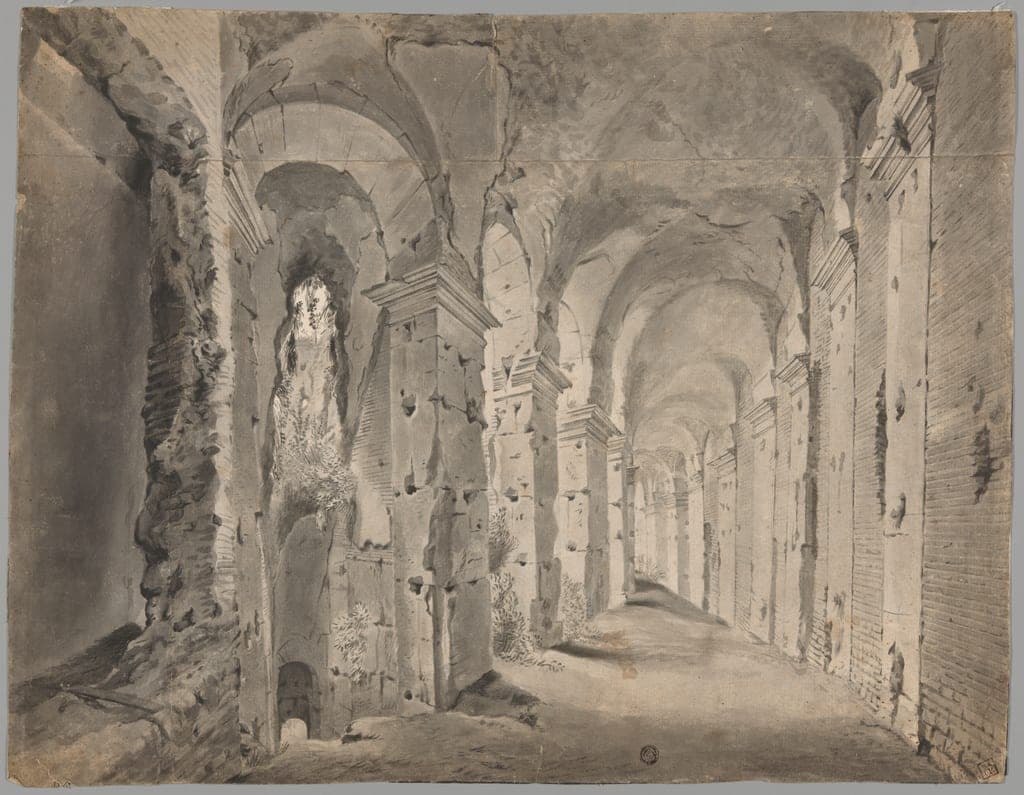Large Ruined Portico or Corridor (recto); Sketches of a Draped Figure and Architecture (verso) by School of Paul Bril
Flemish, 1554-1626 — fine art print