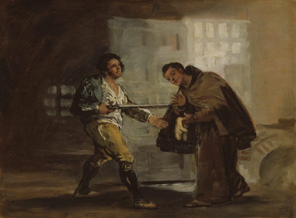Friar Pedro Offers Shoes to El Maragato and Prepares to Push Aside His Gun by Francisco José de Goya y Lucientes (Spanish, 1746–1828) — fine art print