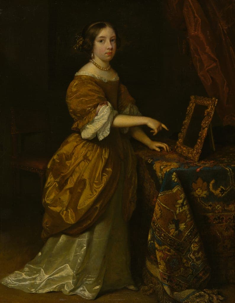 Girl Standing before a Mirror by Caspar Netscher (Dutch, 1639–1684) — fine art print