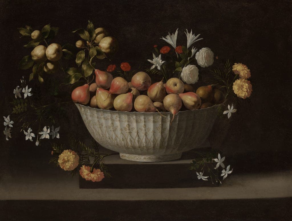 Flowers and Fruit in a Porcelain Bowl by Juan de Zurbarán (Spanish, 1620–1649) — fine art print