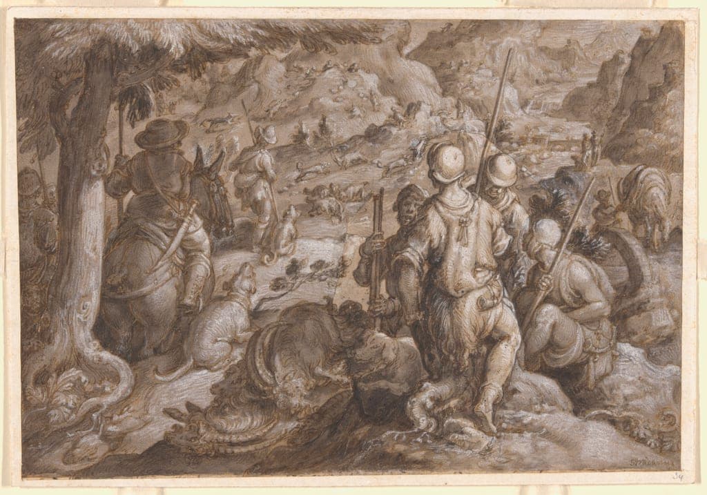 Men Hunting Ibexes with Hounds by Johannes Stradanus, called Giovanni Stradano
Flemish, 1523-1605 — fine art print