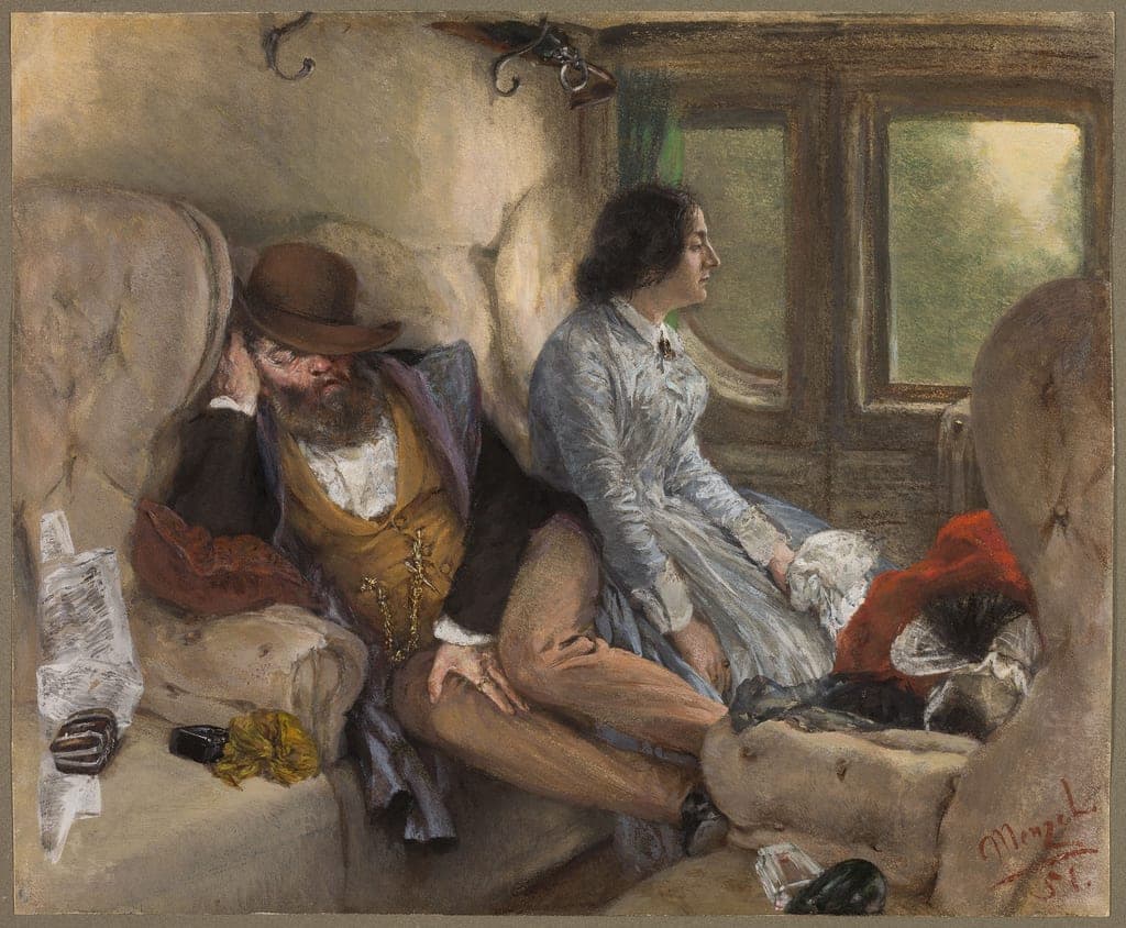 In a Railway Carriage (After a Night's Journey) by Adolph Menzel
German, 1815–1905 — fine art print