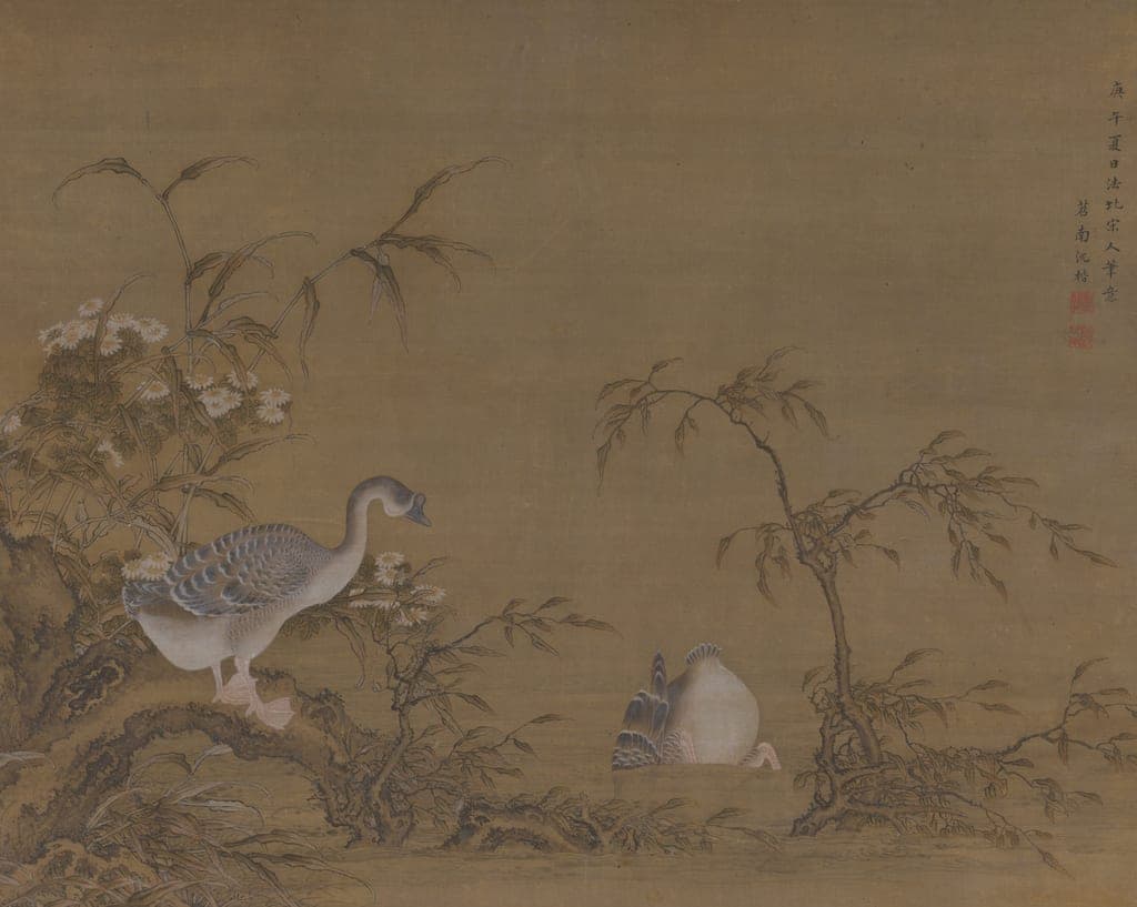 Geese on a Riverbank by Shen Kai (Chinese, active mid-18th century) — fine art print