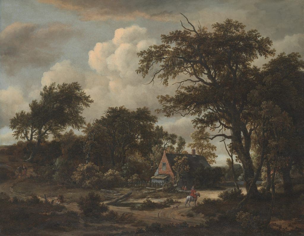 Wooded Landscape with Cottage and Horseman by Meindert Hobbema (Dutch, 1638–1709) — fine art print