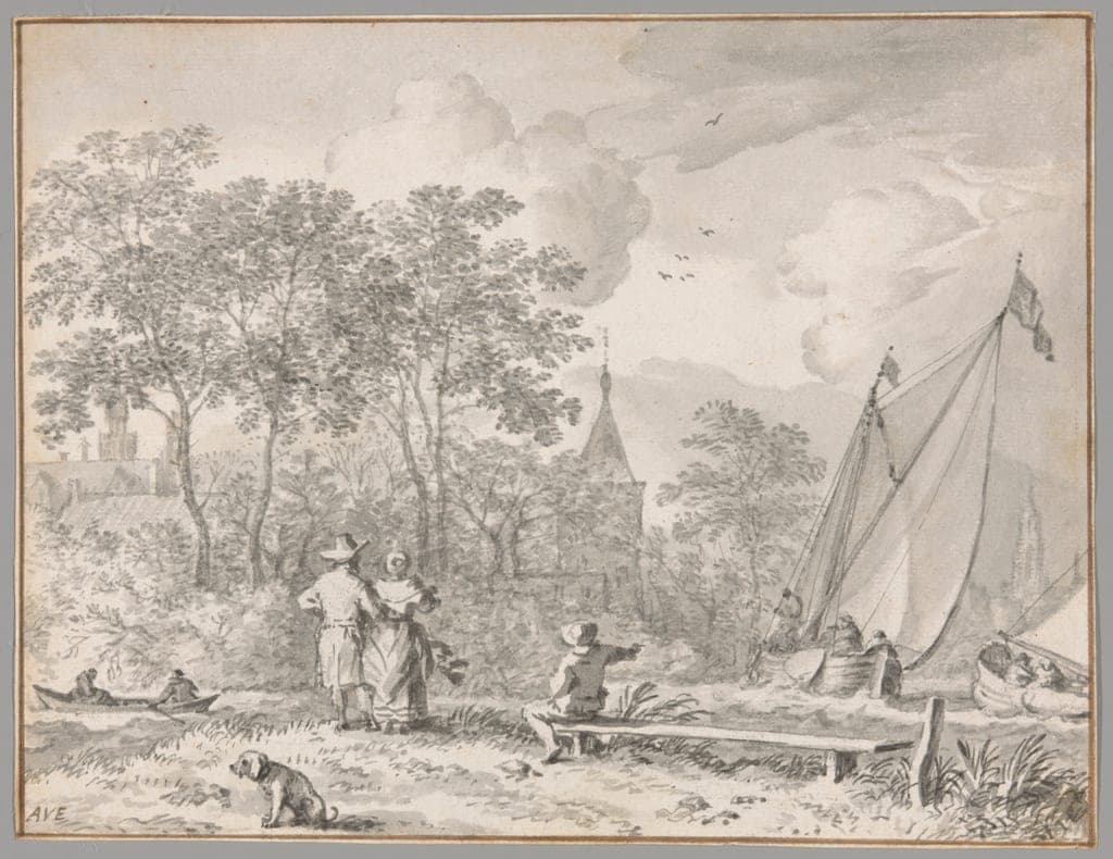 Landscape with Elegant Figures by a River, with Boats to the Right and a Town Behind Trees Beyond by Allart van Everdingen
Dutch, 1621-1675 — fine art print