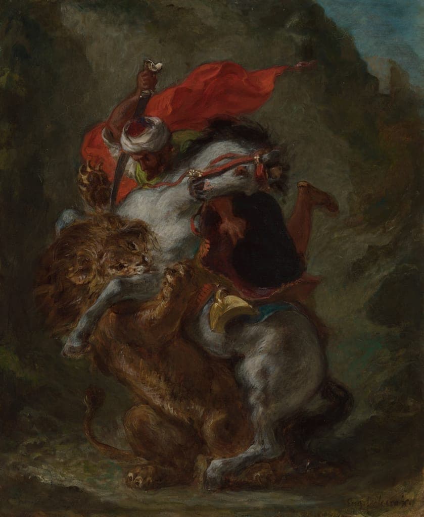 Arab Horseman Attacked by a Lion by Eugène Delacroix (French, 1798–1863) — fine art print
