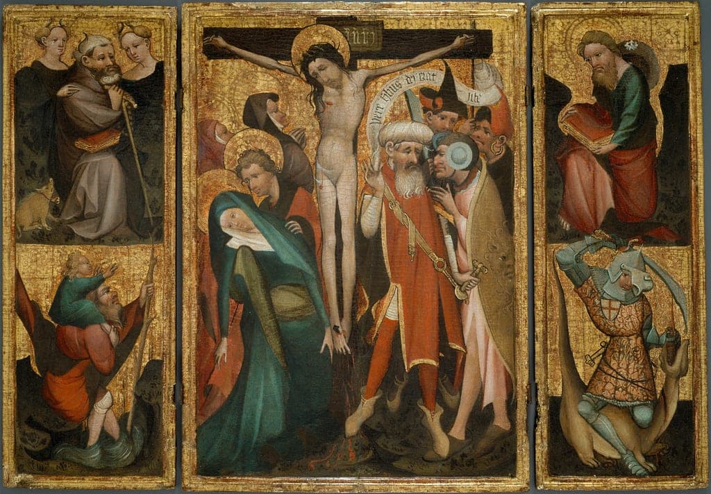Triptych of the Crucifixion with Saints Anthony, Christopher, James and George by Netherlandish or German; possibly Rhenish — fine art print