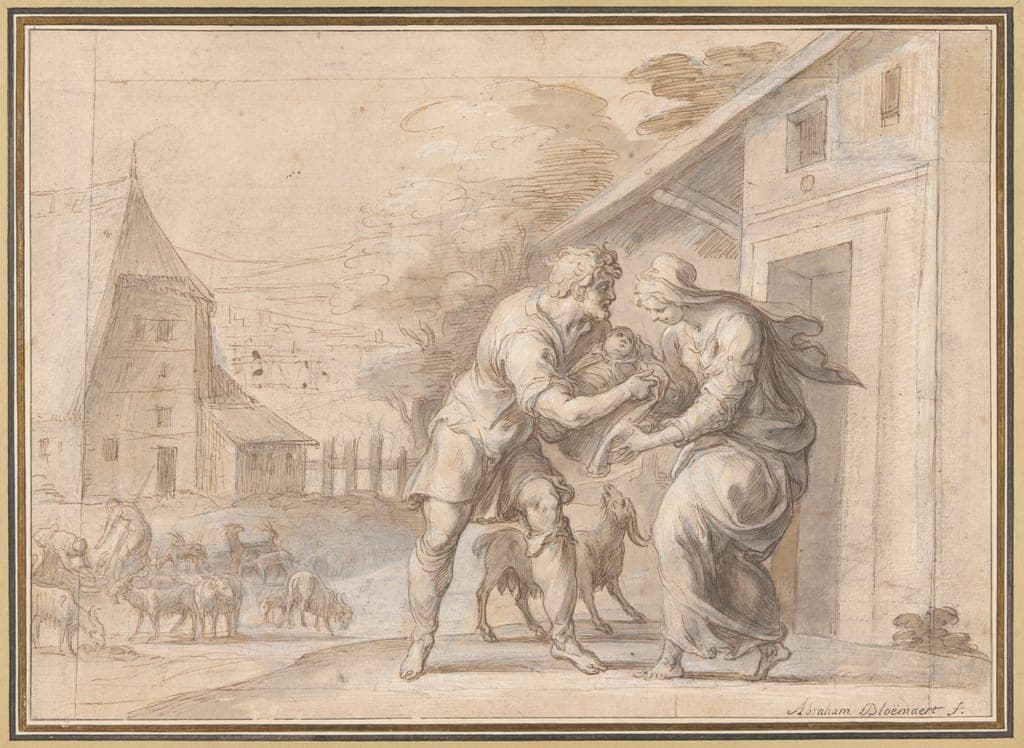 The Goatherd Lamon Handing the Infant Daphnis to His Wife Myrtele by Ambroise Dubois
French, 1543-1614 — fine art print