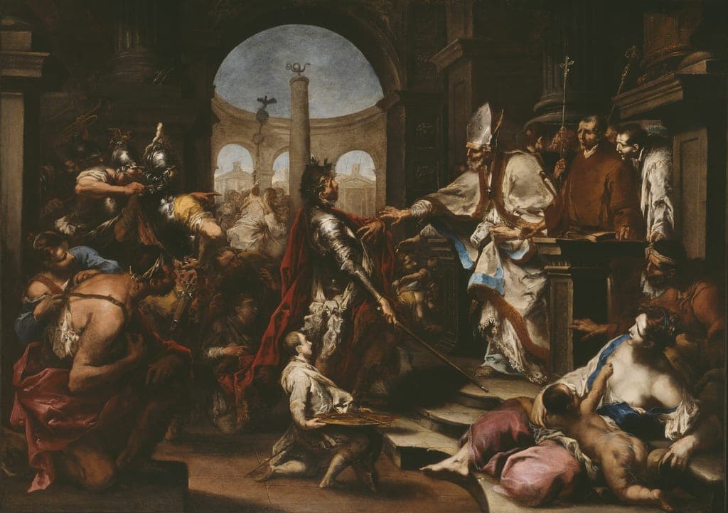 Theodosius Repulsed from the Church by Saint Ambrose by Alessandro Magnasco (Italian, 1667–1749) — fine art print