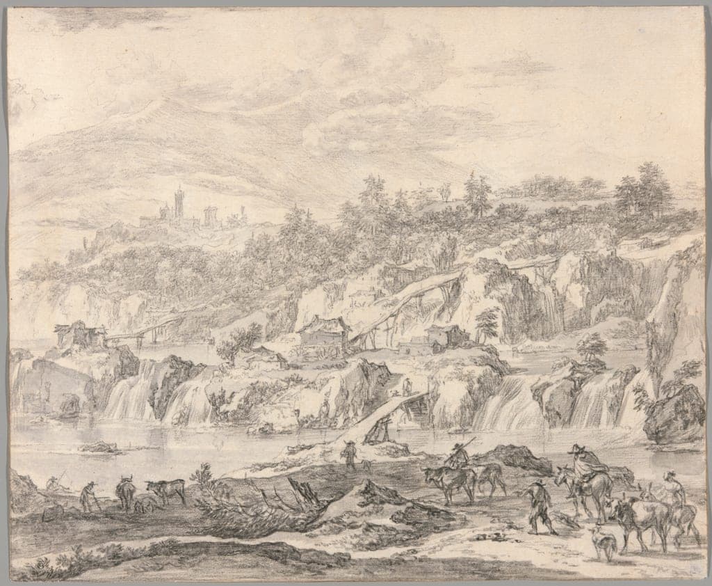 Landscape with Waterfalls and Bridges, Peasants in the Foreground by Nicolaes Berchem, the Elder
Dutch, 1621/22-1683 — fine art print