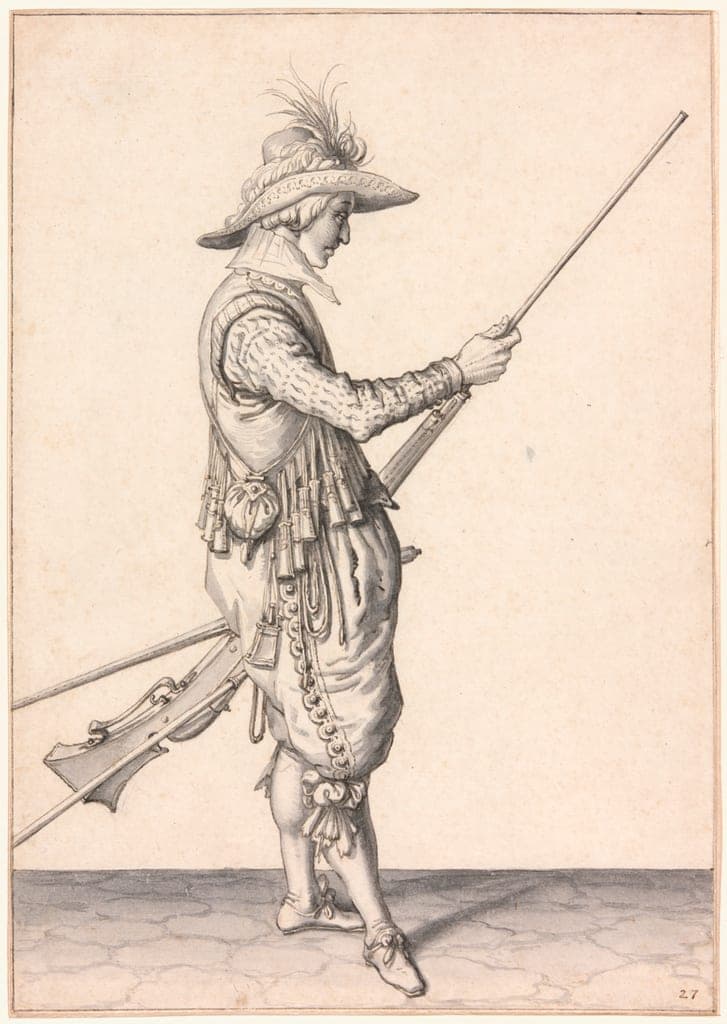 A Soldier Loading a Musket, "Ramme in Your Pouder" by Jacques de Gheyn II
Dutch 1565-1629 — fine art print