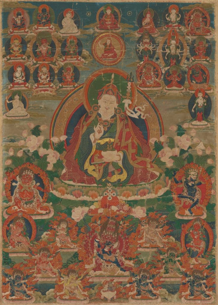 Painted Banner (Thangka) of Sage Guru Padmasambhava Seated Holding a Thunderbolt (Vajra) and Skull Cup (Kapala) by Tibet — fine art print