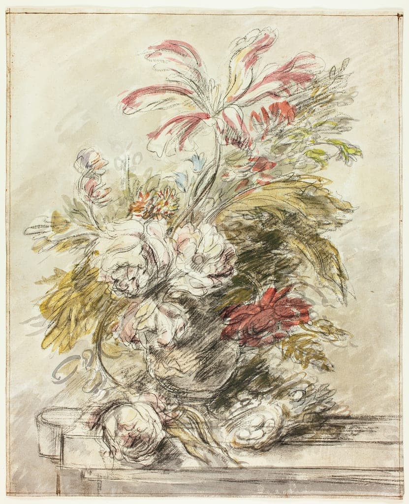 A Flower Piece by Eric Hebborn (British, 1934-1996)
in a manner similar to Jan van Huysum (Dutch, 1682-1749) — fine art print