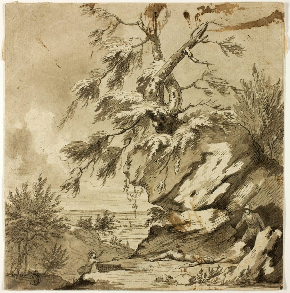 Dead Man, Brigand and Fleeing Child on Rocky Bluff by After Salvator Rosa (Italian, 1615-1673)
or possibly Adriaen van de Velde (Dutch, 1636-1672) — fine art print