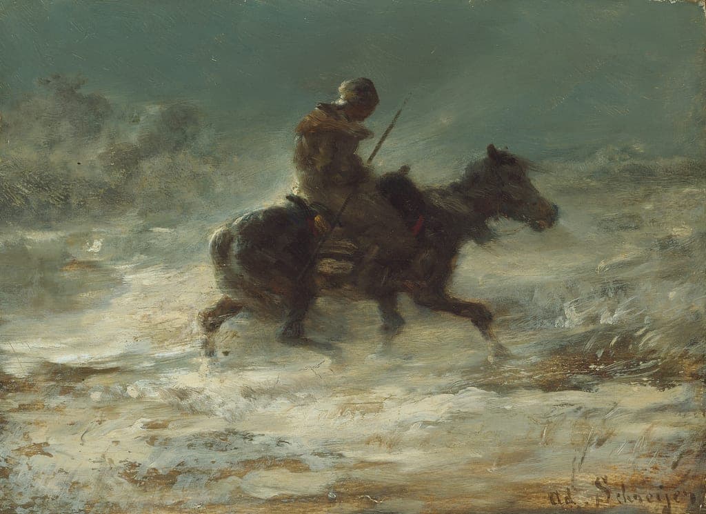 Man with Lance Riding through the Snow by Adolphe Schreyer (German, 1828–1899) — fine art print