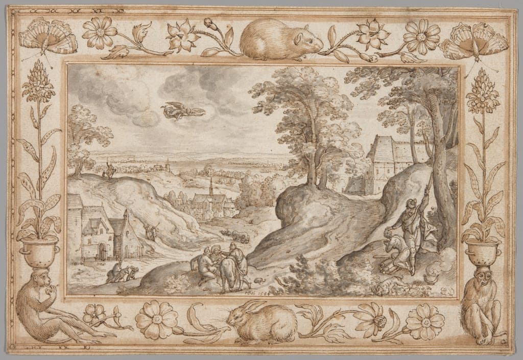 Landscape with the Sacrifice of Isaac within a Decorative Border of Plants and Animals by Hans Bol
Netherlandish, 1534-1593 — fine art print